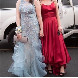 Prom dress: blue, hand beaded, size 6, open back